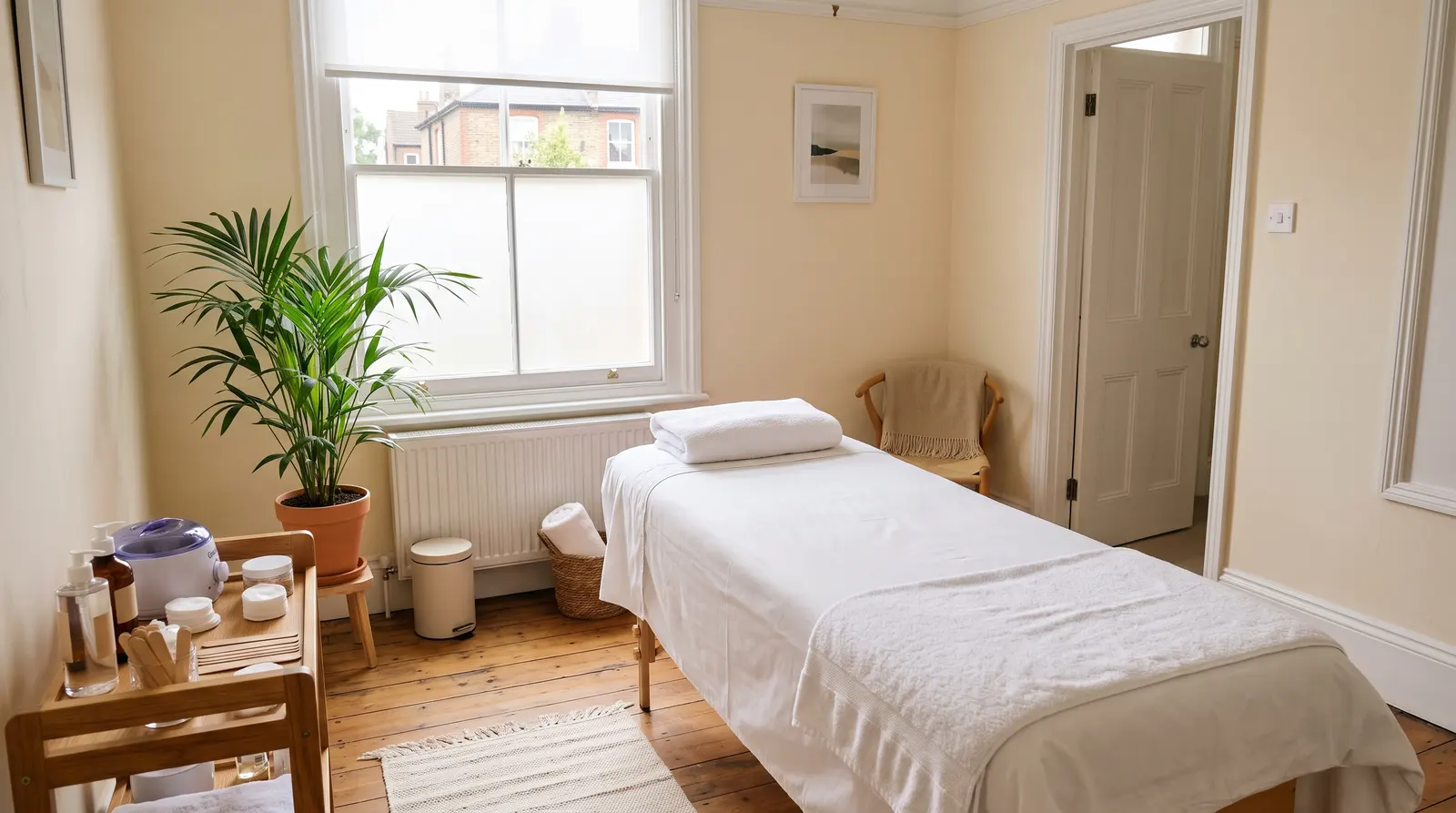 A calm, bright waxing treatment room prepared for the next client, fresh towels on the couch