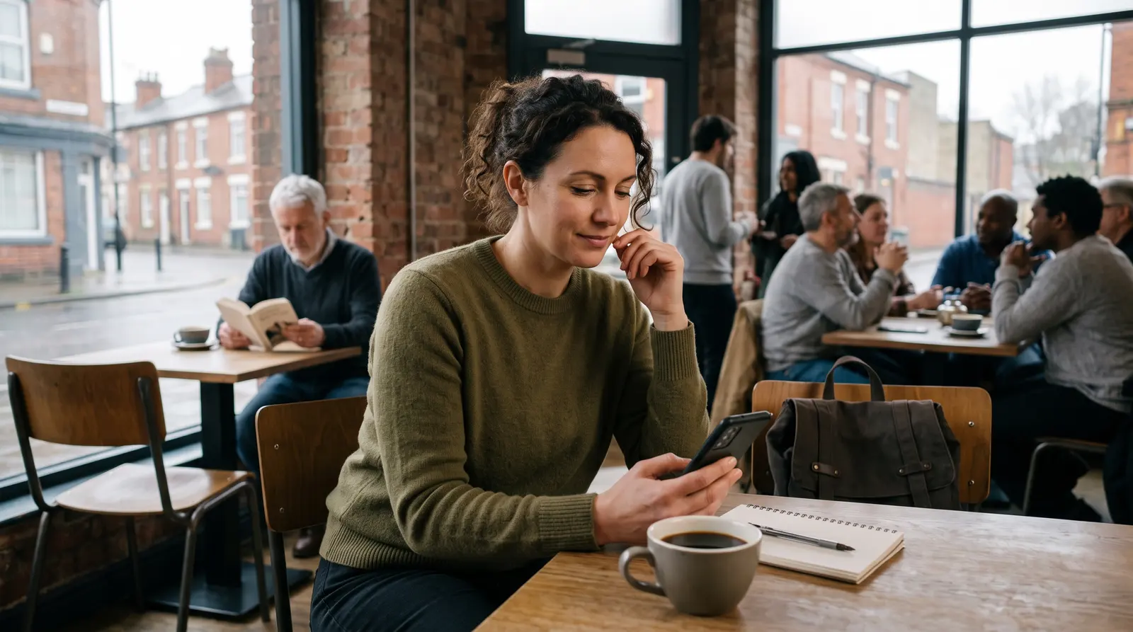 A web designer checking her phone on a break with a cup of tea