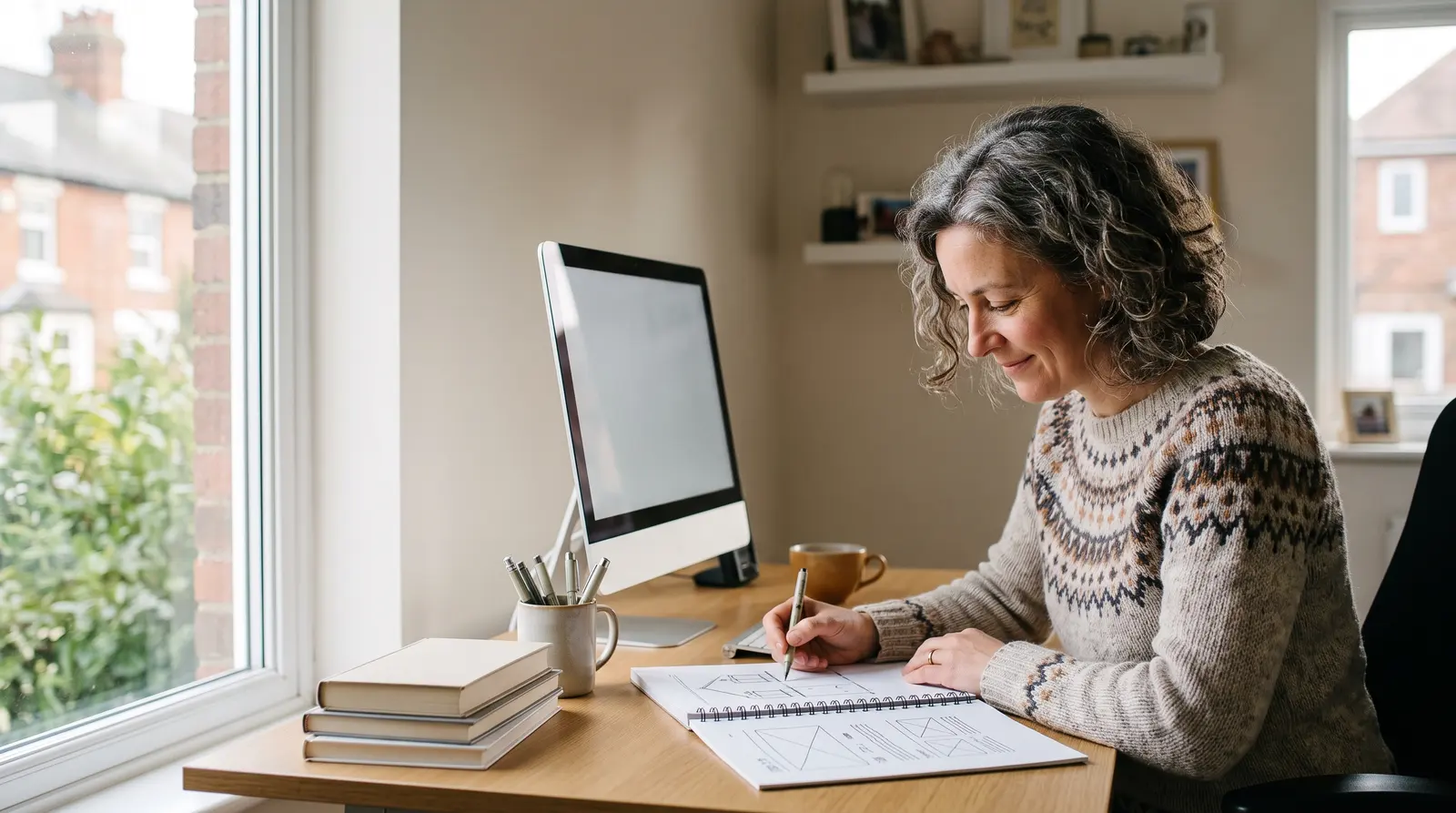 A web designer working at a laptop with a large screen angled away, a tidy bright desk, focused and relaxed