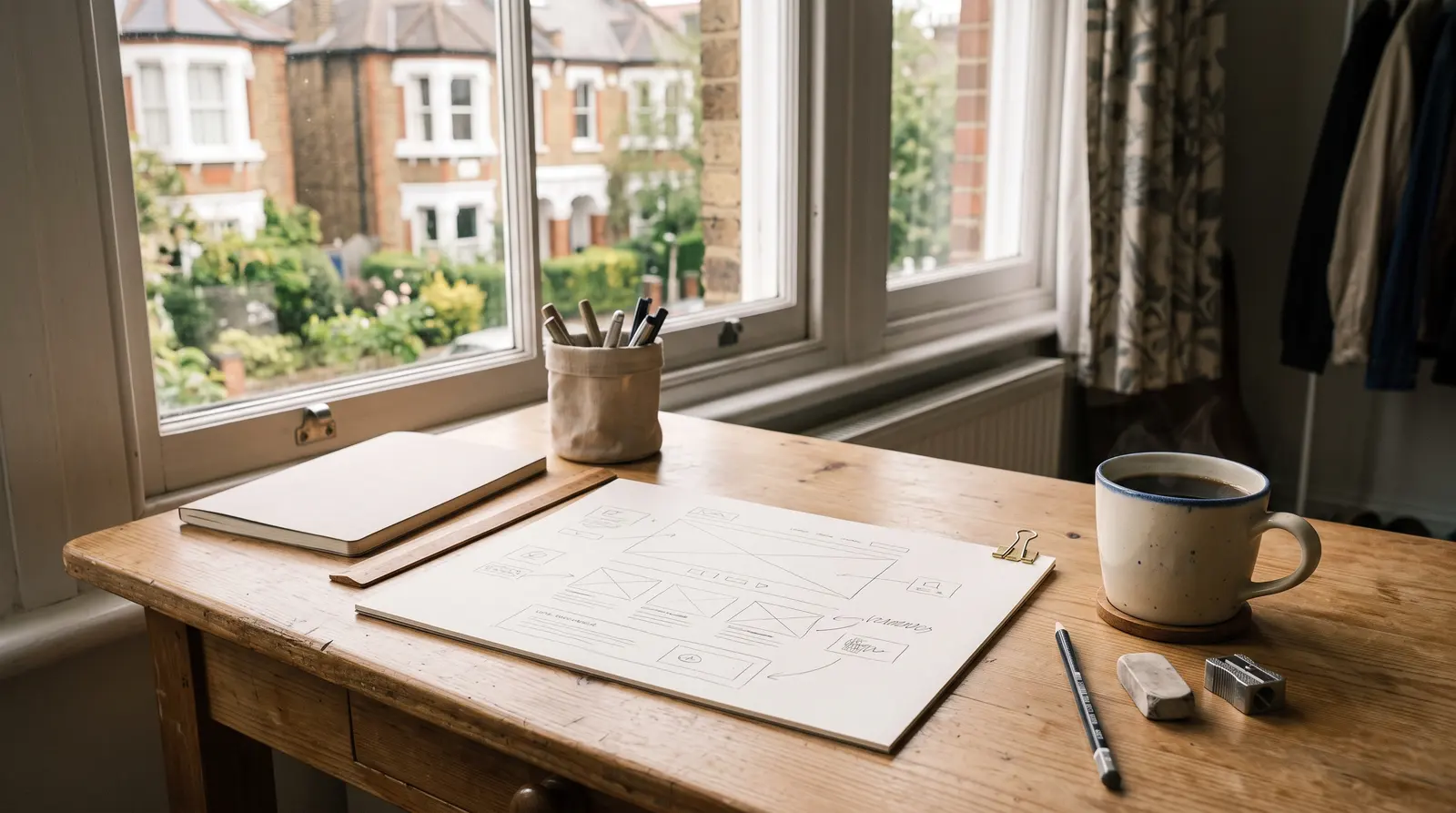 A web designer building a page layout at a desk, a notebook of wireframe sketches beside the keyboard