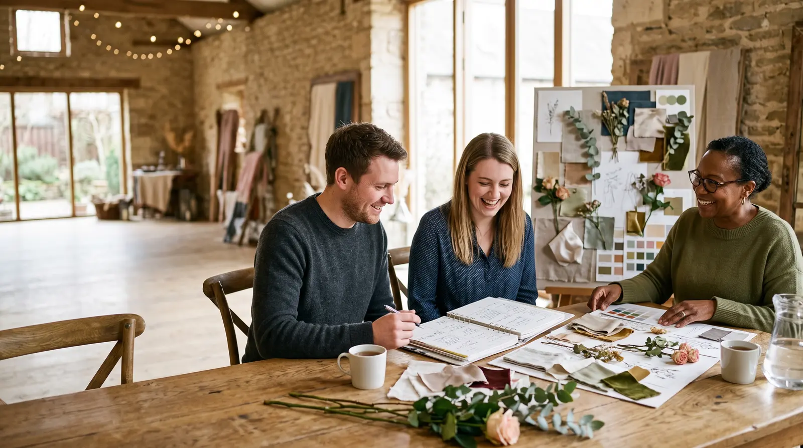 A wedding planner sitting with a couple at a table going through plans and a moodboard, all smiling