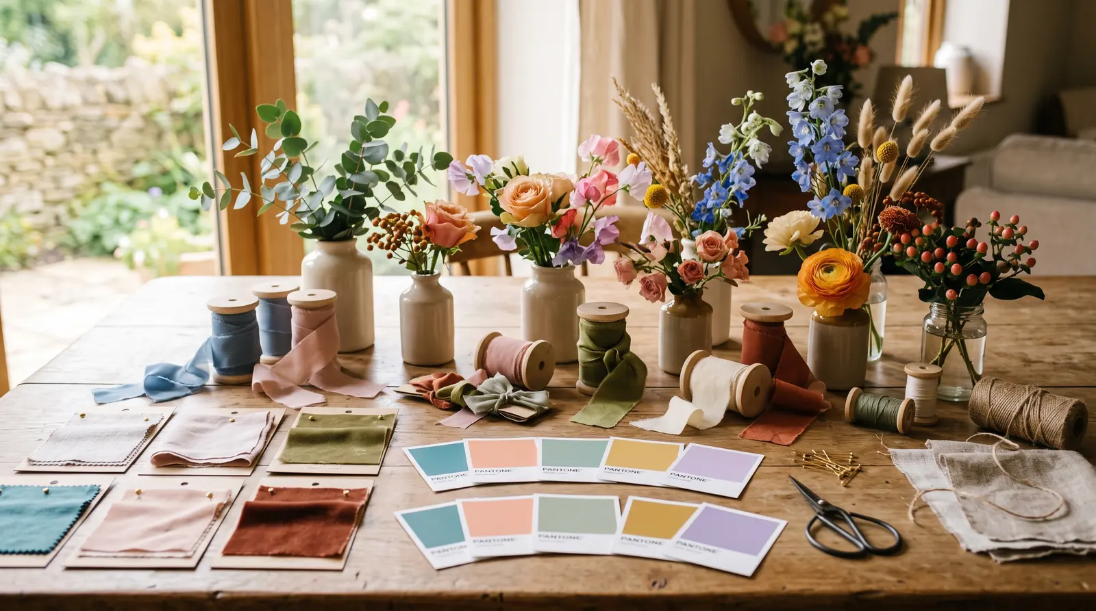 Fabric swatches, flowers and colour cards laid out on a table, nobody in the picture