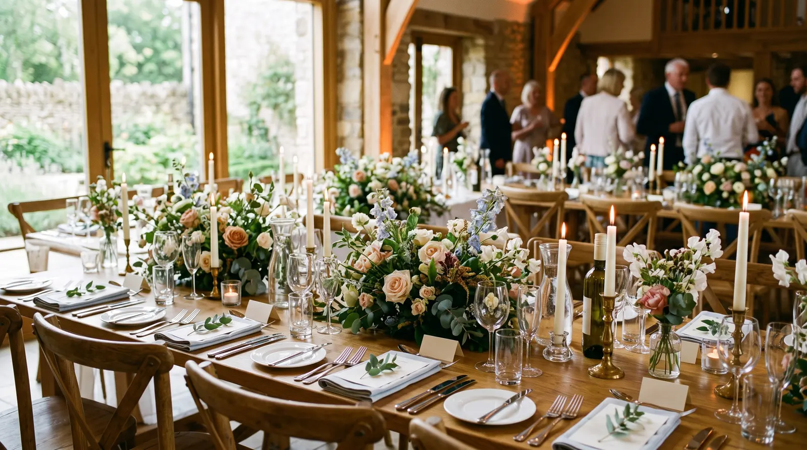 A beautifully set wedding table at a UK venue with flowers and place settings, nobody in the picture
