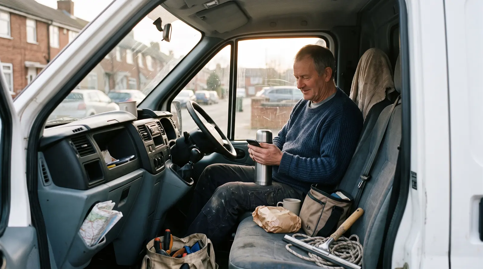 A window cleaner in his van between jobs with a flask of tea, checking his phone, screen not visible