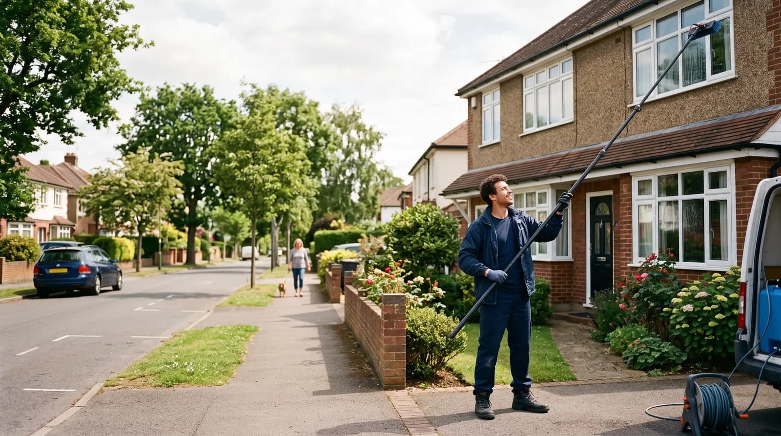 A window cleaner using a plain water-fed pole to clean the upstairs windows of a UK semi-detached house on a bright morning