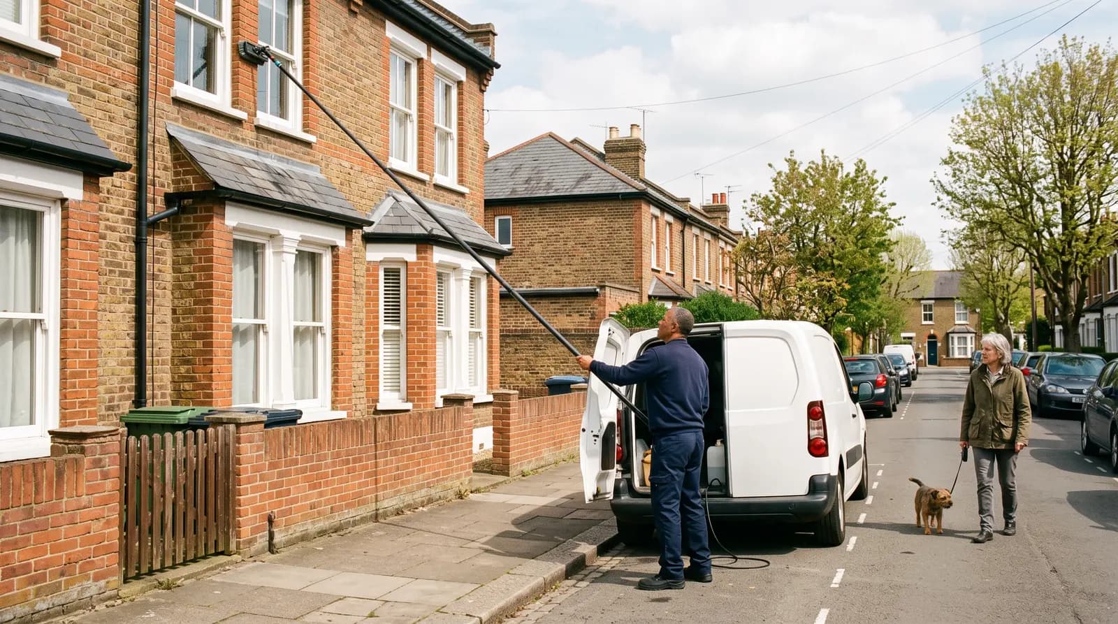 A window cleaner reaching an upstairs window with a long water-fed pole, standing safely on the ground