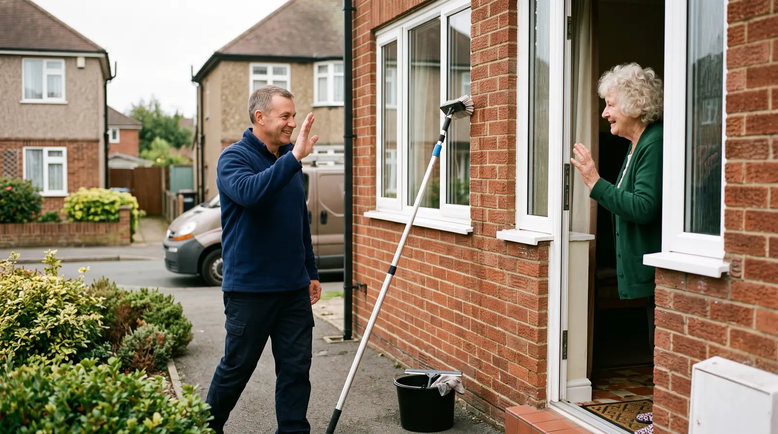 A window cleaner giving a friendly wave to a homeowner at the door as he finishes the windows