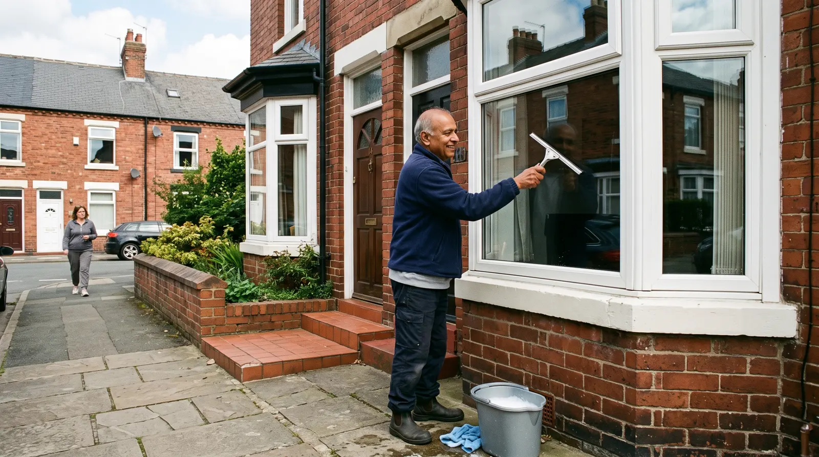 A window cleaner working along a row of terraced houses on his regular round, a plain pole over his shoulder