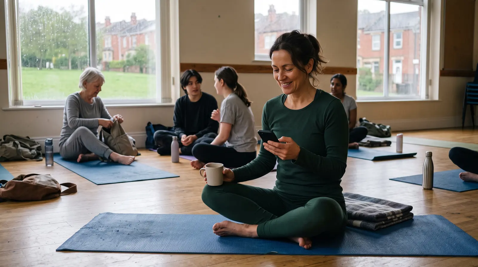 A yoga teacher sitting on a mat after class checking her phone with a cup of tea, screen not visible