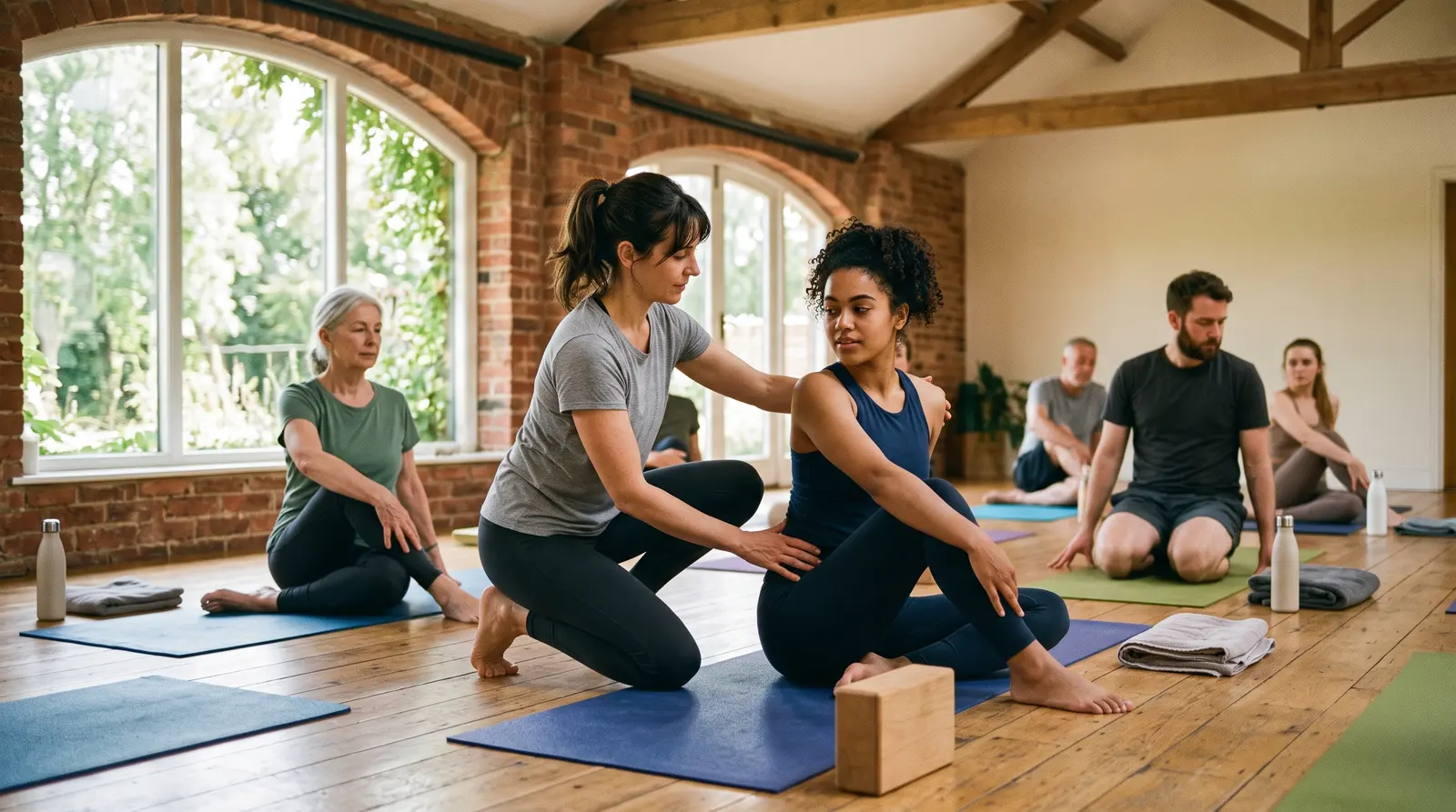 A yoga teacher guiding a small group through a stretch on mats in a sunlit studio