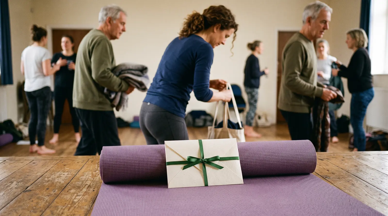 A cream gift envelope tied with a ribbon resting on a rolled yoga mat