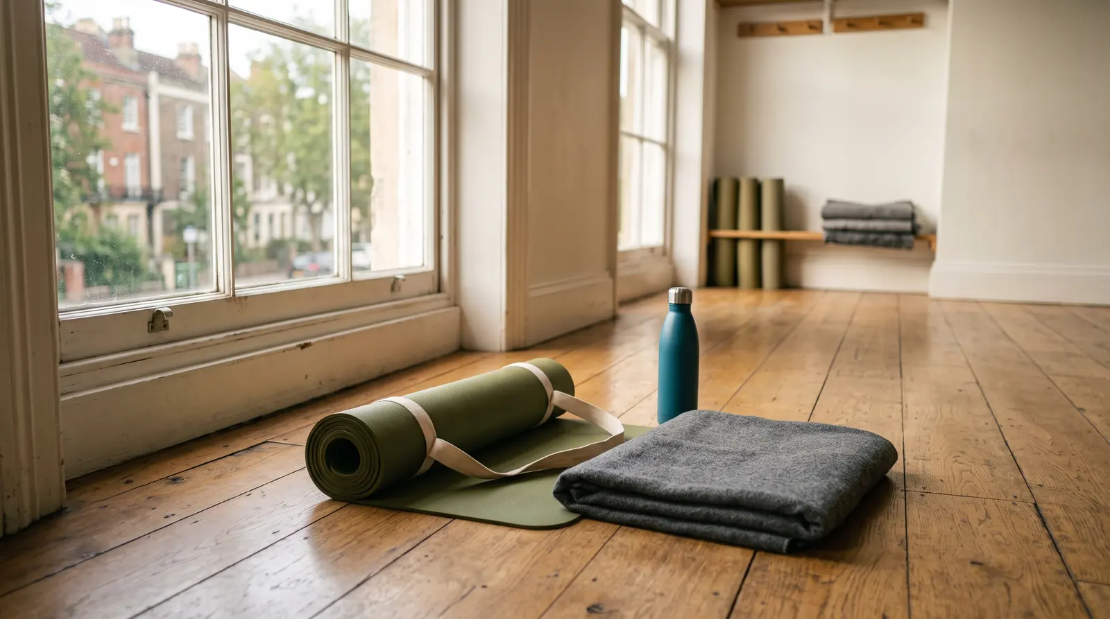A rolled yoga mat and a plant in a calm, sunlit studio, nobody in the picture