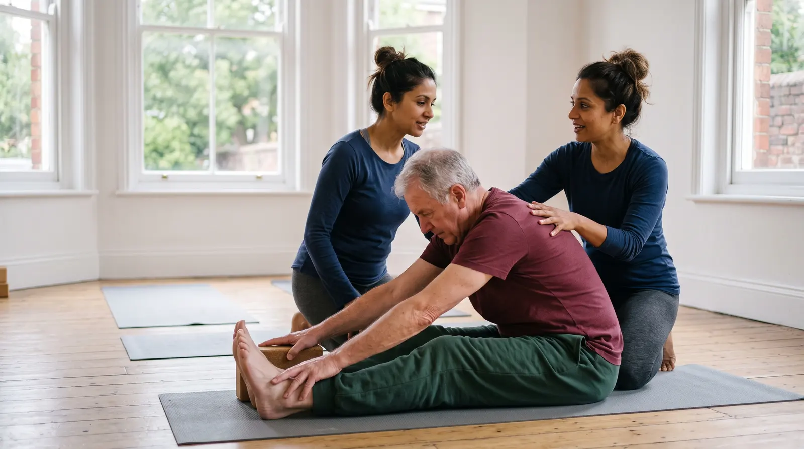 A yoga teacher helping one student adjust a pose in a calm studio